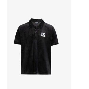 True Religion Men's Black Velour Polo Shirt Eclipse Short Sleeve Logo Sz Large